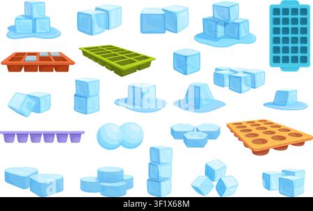 Stampi per cubetti di ghiaccio in silicone. Stampo di plastica per congelare nel congelatore. Diverse forme di acqua ghiacciata per cocktail, cibo, raffreddamento, bevande rinfrescanti estive Illustrazione Vettoriale
