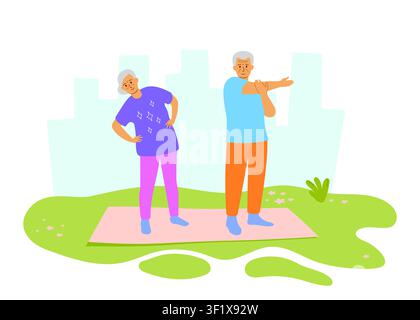 Famiglia attiva. Nonna e nonno che fanno esercizi su un tappetino sul prato. Fitness anziano, coppia che invecchia in salute, routine all'aperto. Illustrazione Vettoriale