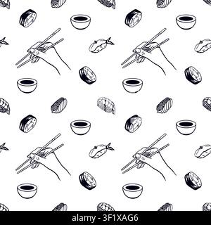 Modello senza cuciture di sushi e roll. Illustrazione vettoriale disegnata a mano di cibo giapponese e una mano con bacchette in stile grafico. Clip art in inchiostro nero fo Illustrazione Vettoriale