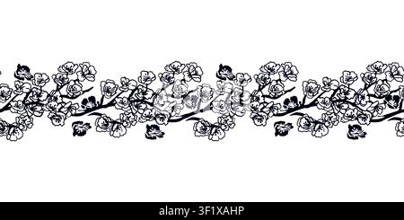 Bordo senza cuciture ramo di sakura. Illustrazione vettoriale disegnata a mano di un fiore giapponese in stile grafico. Clip art in inchiostro nero per carte, tessuti e parete Illustrazione Vettoriale