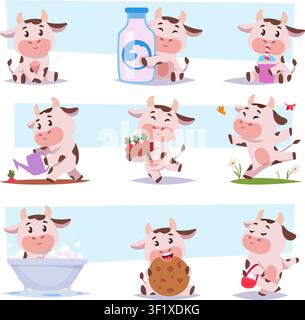 Mucche carine. Illustrazione vettoriale con adorabili vitelli in cartone animato con latte vegetale, frutta, attrezzi, dessert e scene agricole come assets esatti Illustrazione Vettoriale