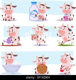Mucche carine. Illustrazione vettoriale con adorabili vitelli in cartone animato con latte vegetale, frutta, attrezzi, dessert e scene agricole come assets esatti Illustrazione Vettoriale
