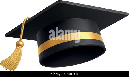 Berretto di laurea con nappina dorata, icona di risultato educativo accademico. Illustrazione 3D realistica Illustrazione Vettoriale