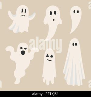 Collezione di fantasmi spaventosi e carini disegnati a mano per Halloween, per decorazioni stagionali, packaging, clipart per offerte speciali per le feste Illustrazione Vettoriale