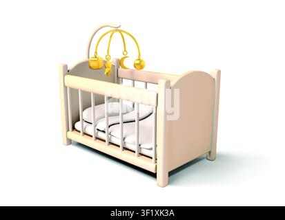 Culla con mobile e biancheria da letto rendering 3D. Illustrazione di icona vettoriale 3D isolata di culla per bambini. Illustrazione Vettoriale