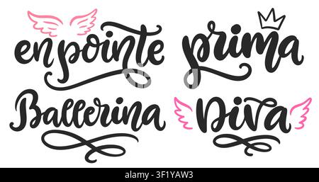 Set di scritte con citazioni sul balletto tipografia ballerina Illustrazione Vettoriale