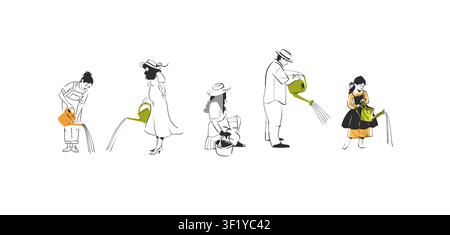 Set di illustrazioni vettoriali a linea di schizzo disegnate a mano con varie persone impegnate nel giardinaggio e nell'annaffiatura. Illustrazione vettoriale concettuale sul giardinaggio Illustrazione Vettoriale