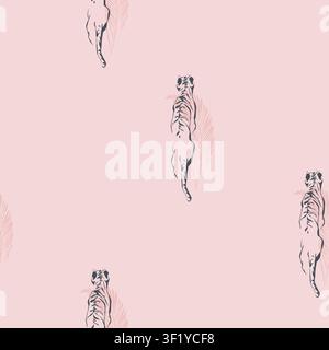 Grafico vettoriale disegnato a mano con linea artistica senza cuciture con tigri schizzati e animali selvatici. Illustrazione vettoriale di natura esotica motivo linea contorno Illustrazione Vettoriale