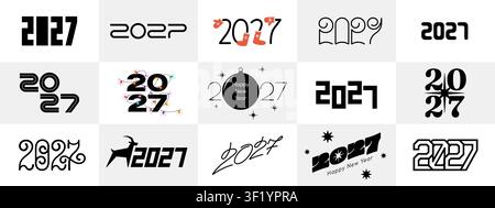 Festeggia il Capodanno cinese del 2027 con un set di design moderno del zodiaco della capra. Tipografia audace e grafici eleganti di numeri creano modelli di biglietti di auguri festivi perfetti per inviti di festa. Illustrazione Vettoriale