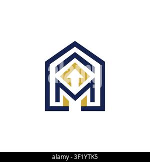 Casa moderna con logo freccia di crescita verso l'alto a forma di lettera M Illustrazione Vettoriale