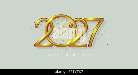 Banner 2027 "Buon Anno" con numeri dorati realistici a forma di mortaretto. Illustrazione vettoriale. Illustrazione Vettoriale