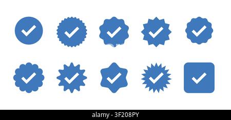 Set di icone di badge di verifica con sigilli a spunta per lo stato approvato, verificato e certificato vettore Illustrazione Vettoriale