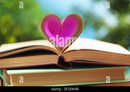 Libro con cuore fatto di pagine all'aperto, primo piano Foto Stock