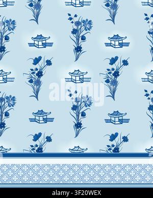 Pittura asiatica tradizionale motivo senza cuciture con fiori e case. Sfondo blu e bianco con decorazioni e elementi di design architettonico. Ornamenti blu Foto Stock