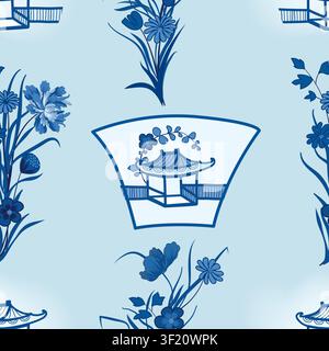 Motivo floreale asiatico tradizionale senza cuciture con fiori e case. Sfondo blu e bianco con elementi di design fioriti e architettonici. Foto Stock