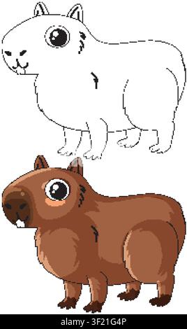 Un capibara marrone e la sua versione in contorno bianco e nero su sfondo bianco Illustrazione Vettoriale