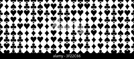 Motivo senza fine con carte da gioco con picche, cuori, quadri e fiori in classico design bianco e nero. Motivi perfetti per casinò. Illustrazione vettoriale. Illustrazione Vettoriale