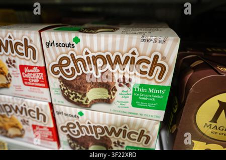 Prodotto Girl Scouts Thin Mints Chipwich Sandwich gelato su uno scaffale del supermercato con dessert al biscotto al cioccolato alla menta Foto Stock
