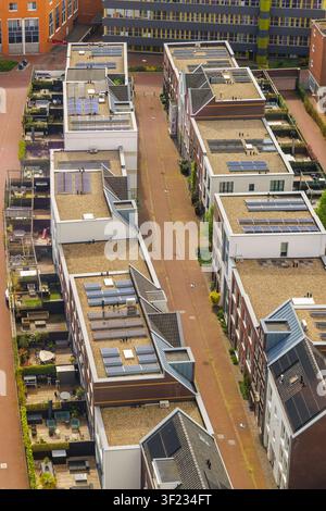 Vista aerea delle nuove case olandesi con piccoli patio e pannelli solari ad Arnhem, Paesi Bassi Foto Stock
