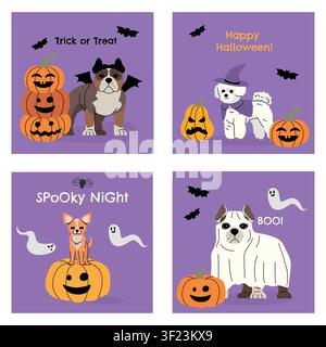 Collezione di biglietti di auguri Halloween carini con adorabili cani dei cartoni animati in costumi spettrali, pipistrelli, fantasmi e zucche. Creativo quadrato festivo Illustrazione Vettoriale