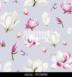 Magnolia fiori bianchi e rosa motivo senza cuciture. Acquerello farfalle disegnate a mano, illustrazione di fioritura lussureggiante primaverile isolata su sfondo Foto Stock