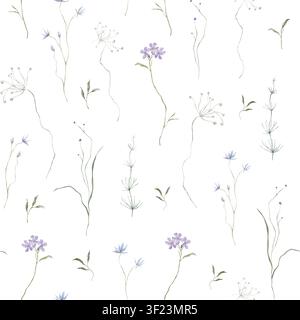 Carta da parati floreale acquerellata con delicato disegno a mano di phlox viola e fiori selvatici blu. Motivo senza cuciture con illustrazioni botaniche verdi Foto Stock