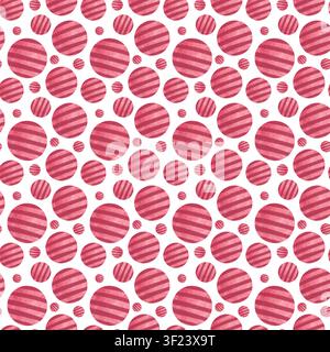 Palline rosse con strisce diagonali. Motivo ad acquerello senza cuciture isolato su bianco. Design minimalista e divertente adatto a prodotti per bambini Foto Stock