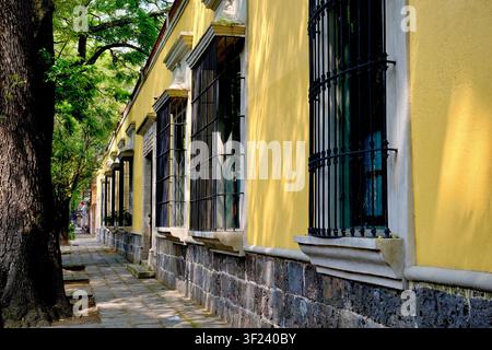 Affascinante edificio giallo in un quartiere tranquillo (Città del Messico, Messico) Foto Stock