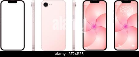 Modello dettagliato di telefono rosa. Vista frontale, posteriore e laterale isolata su sfondo trasparente. PNG vettoriale Illustrazione Vettoriale