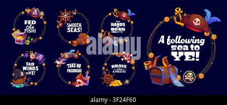 Cornice per fotobooth per festa pirata e compleanno dei bambini. Nave pirata a cartone, cappello da capitano, mappa del tesoro e scrigno con oro, ancore, macchia nera e teschio corsaro, set di cornici rotonde isolate Illustrazione Vettoriale