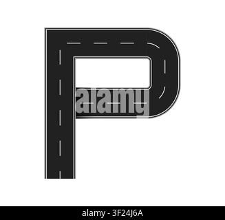 Lettera P formata da una strada asfaltata con linee centrali tratteggiate che creano un simbolo ABC di parcheggio. Carattere dell'alfabeto inglese per la segnaletica autostradale, la navigazione dei trasporti, le infrastrutture urbane o le mappe Illustrazione Vettoriale