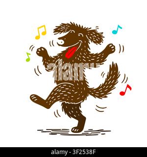 Un cane allegro sta ballando, Disegno a mano. Non AI, illustrazione vettoriale. Illustrazione Vettoriale