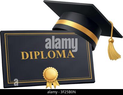 Berretto di laurea e certificato di diploma illustrazione realistica 3D di raggiungimento educativo Illustrazione Vettoriale