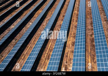 Vista aerea con drone di una fattoria solare fotovoltaica con file regolari di pannelli solari. Foto Stock