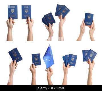 Mani che tengono più passaporti ucraini e la bandiera dell'Unione europea, viaggi e immigrazione Foto Stock
