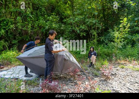 Gruppo di giovani asiatici che montano una tenda durante il campeggio in natura Foto Stock