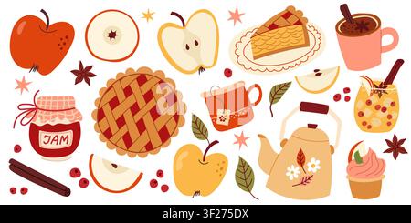 Set di raccolto di mele autunnale con bevande calde, torta e illustrazione di marmellata Illustrazione Vettoriale