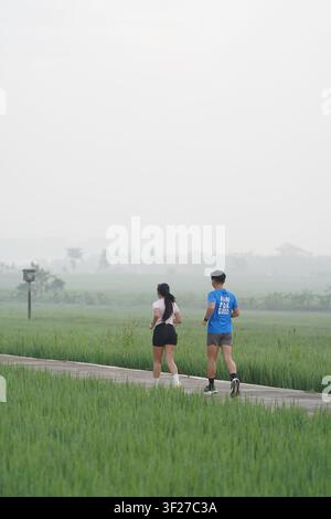 Veduta posteriore di una giovane coppia asiatica che fa jogging e corsa in una zona rurale verde Foto Stock