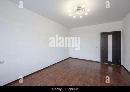 Stanza vuota con pavimento in legno, pareti bianche e una luce moderna sul soffitto. Porta in legno scuro a destra Foto Stock