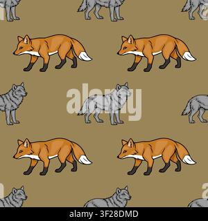 Modello vettoriale senza cuciture con animali della foresta stilizzati tra cui volpi e lupi su uno sfondo marrone solido Illustrazione Vettoriale