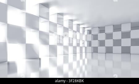 Interno minimalista con strutture cubiche bianche disposte in uno schema a scacchiera sullo sfondo. Illuminazione soffusa, riflessi puliti. Rendering 3d Foto Stock