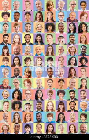 Collage verticale di ritratti con persone di varie generazioni – dai bambini agli anziani – su sfondi in colori pastello Foto Stock