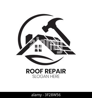 Il logo di Roof Repair mostra una struttura di casa con un attrezzo a martello che rappresenta servizi professionali di copertura residenziale. Illustrazione Vettoriale