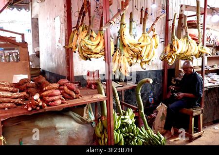 Un mercante locale seduto al suo colorato banco del mercato al Darajani Market. Il banco è pieno di grappoli di banane gialle appesi, di banane verdi, Foto Stock