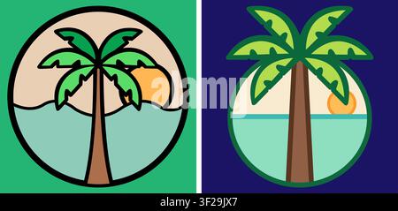 Due illustrazioni ovali stilizzate con palme su una spiaggia tropicale al tramonto Illustrazione Vettoriale