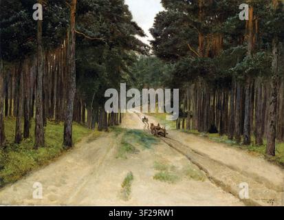 Józef Chełmoński; Strada nel bosco 1886; strada nel bosco; una strada forestale larga e sabbiosa con solchi chiaramente visibili, una carrozza trainata da cavalli sulla strada Foto Stock