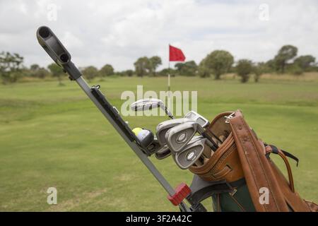 Vista di una borsa da golf piena di bastoni e palline su un campo da golf verde con una bandiera rossa in lontananza nella contea di Laikipia, Kenya. Foto Stock
