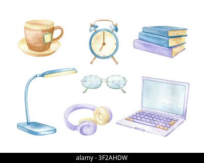 Laptop, lampada, libri, sveglia, cuffie e tazza di tè illustrazione isolata ad acquerello. Clipart disegnati a mano di spazio di studio e lavoro per design Foto Stock