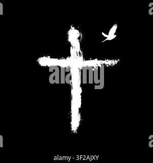 Croce cristiana in stile grunge con un uccello per cartoline, poster, banner, quaresima, auguri, clipart chiesa, Quaresima, croce religiosa isolata Felice Illustrazione Vettoriale