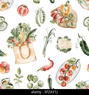 Motivo senza giunzioni in acquerello con verdure fresche su sfondo bianco. Illustrazione botanica dipinta a mano con piselli, cipolle, broccoli, cetriolo Foto Stock